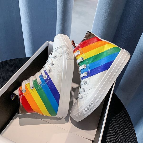 

new fashion rainbow printed high canvas shoes casual women espadrilles white comfortable high platform canvas sneakers women