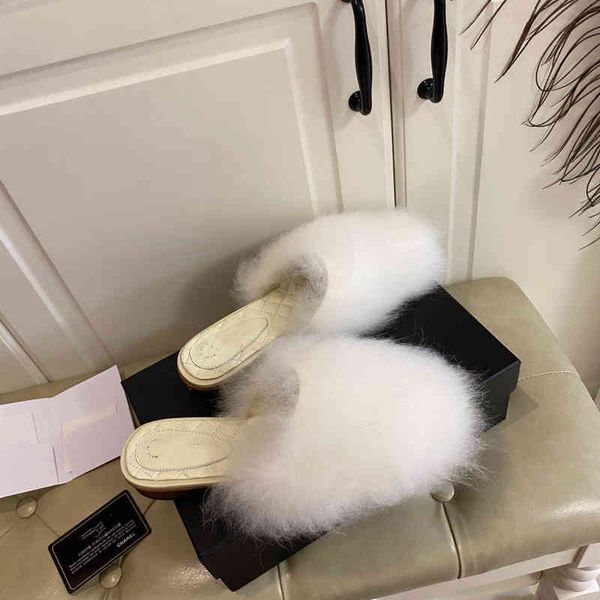 

home slippers summer flat-bottomed fur slides baotou women's outer wear fashionable low-heel sandals and feather flip-flops high qualit, Black