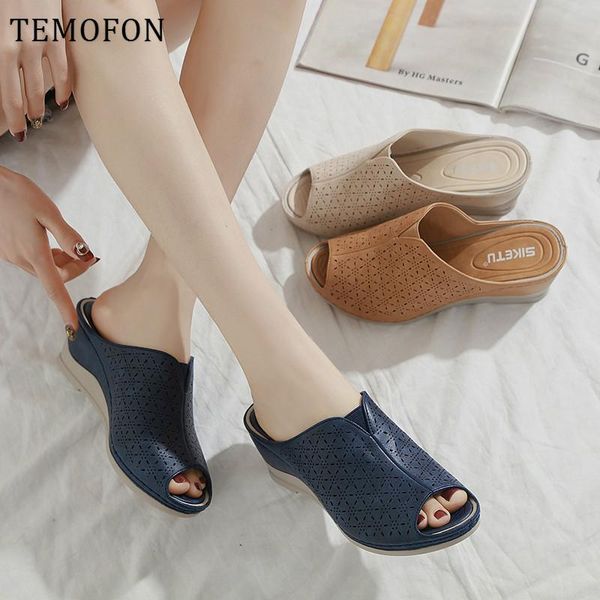 

women summer sandals hollow out slip on wedges shoes peep toe high heels vintage ladies casual flip flop hvt1050, Black