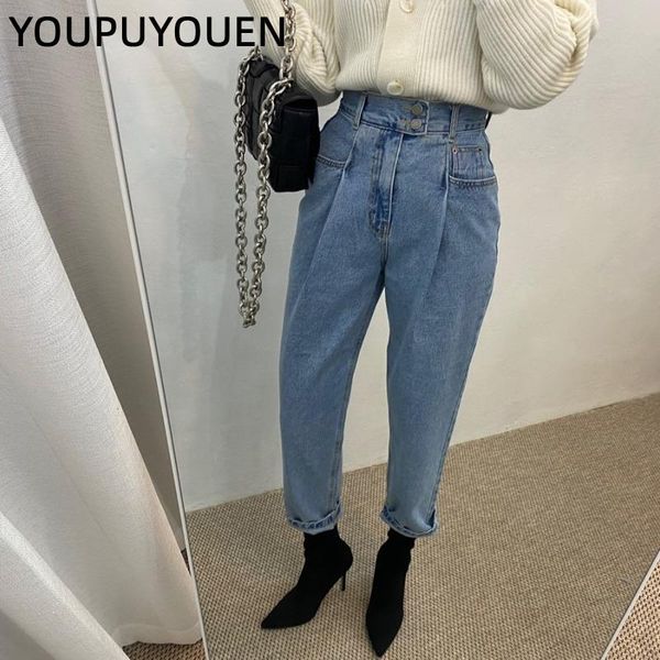 

vintage high waist harem denim pants washed 2 buttons stitching distressed women's jeans korean fashion clothes streetwear, Blue