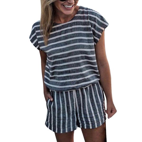 

casual striped women playsuits fashion o-neck short sleeve romper vintage 2021 summer female overalls jumpsuit women's jumpsuits & romp, Black;white
