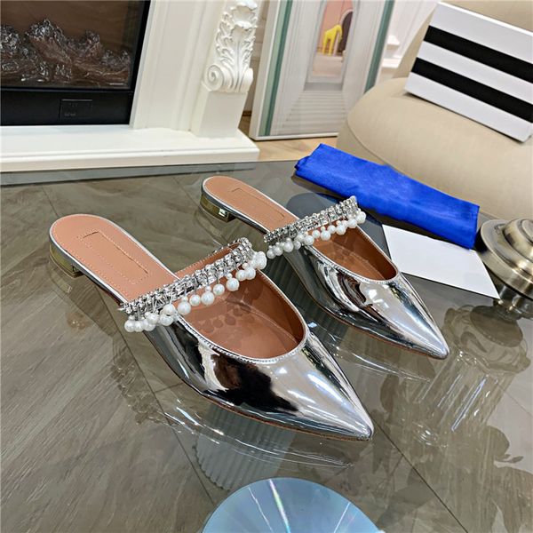 

designer leisure slippers, crystal pearl flats heel flat mules, rhinestone chain pearls pendant, luxurious and versatile semi-drag sandals, Black