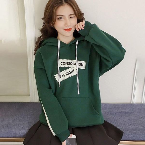 

korean style hoodies autumn winter women casual loose letter printed fleece hooded long sleeve sweatshirt women's & sweatshirts, Black