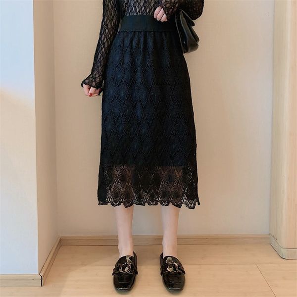 

skirts elegant lace embroidery floral a-line waist loose skirts women fashion long female skirt, Black
