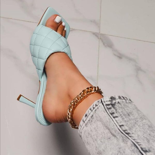 

summer women checkered tacones high heels slippers blue yellow slides mules vacation sandals plus size 42 shoes, Black
