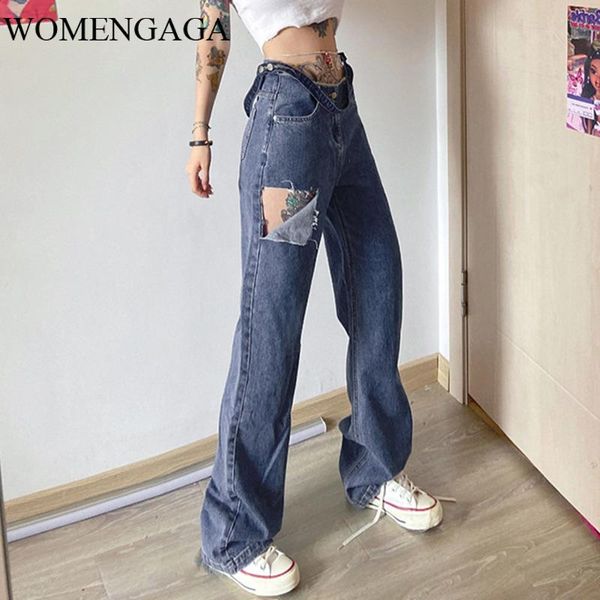 

women's pants & capris womengaga 2021 autumn high waist strap personalized hole loose straight denim womens lb4b, Black;white