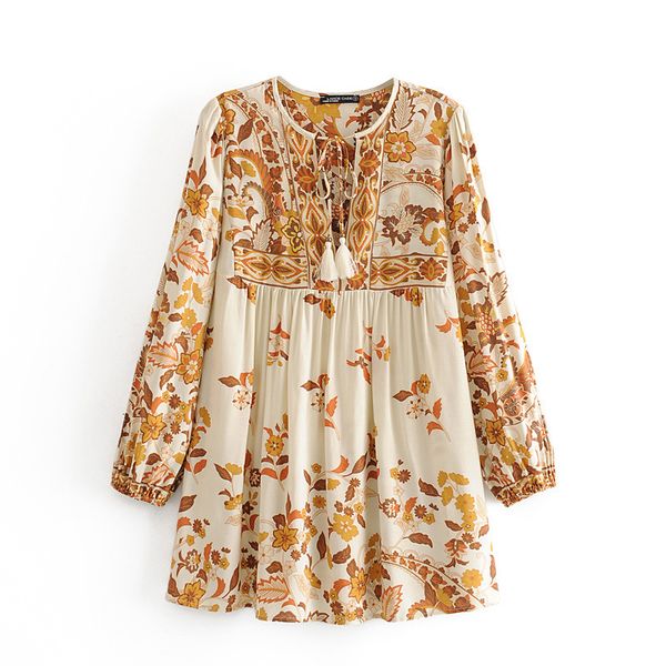 

women's blouses & shirts women floral print bohemian beach new spring summer rayon cotton long sleeve tassel boho holiday seaside, White