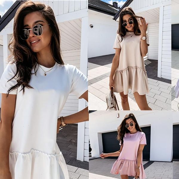 

explosion models summer solid color womens dresses short sleeved loose round neck ruffle dress drop good quality, Black;gray