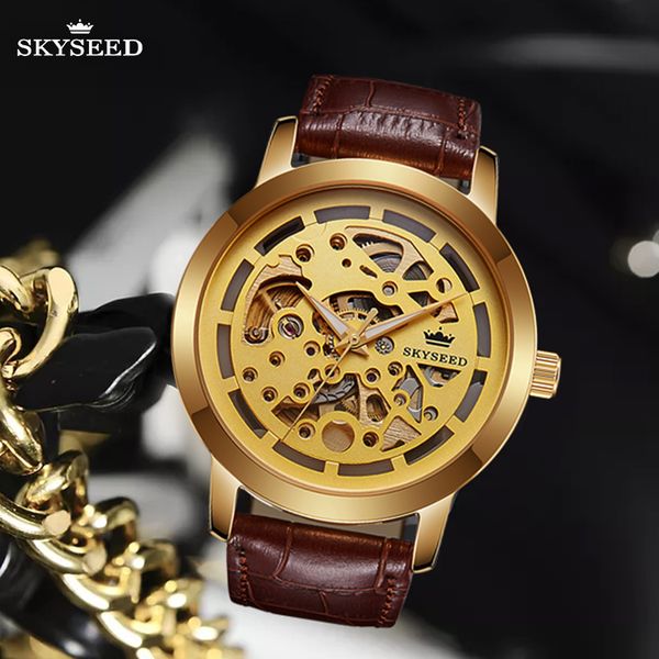 

td6132g tiandai watch golden hollow flywheel surface sapphire mirror belt waterproof 40mm mechanical, Slivery;brown