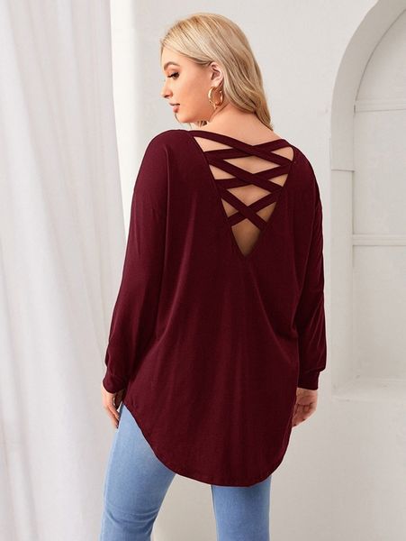 

plus crisscross back dip hem tee p3om#, Black