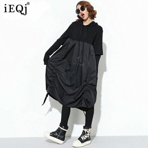 

casual dresses ieqj 2021 spring hooded long sleeve drawstring black fold split joint loose dress women fashion tide jd07601, Black;gray