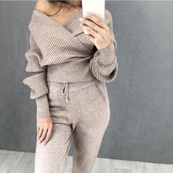 

two piece dress autumn winter 2021 women tracksuit v-neck cross sweatshirt set 2 knit pants suit, White