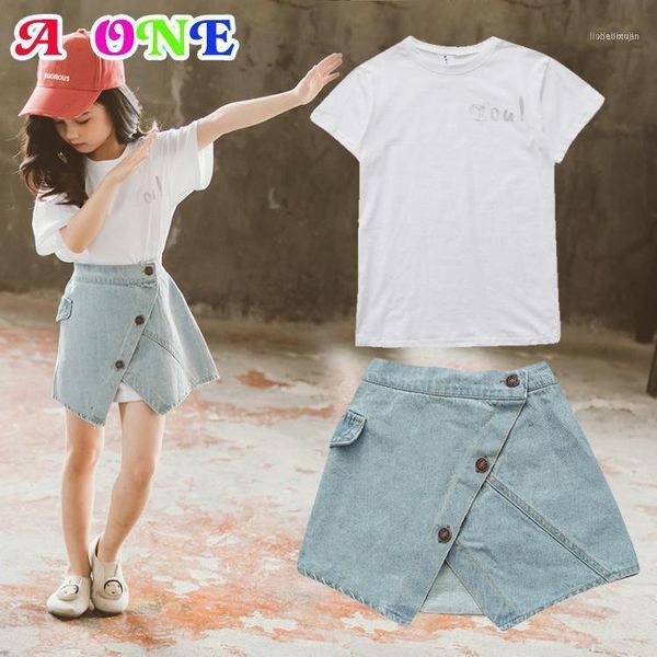 

skirts summer girls 2 pcs set casual o-neck print letter t-shirt + denim skirt kids outdoor fitness fashion clothing 4 to 14 years1, Blue