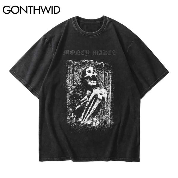 Gonthwid Streetwear Sıkıntılı T-Shirt Hip Hop İskelet Kafatası Kısa Kollu Tişörtleri Punk Rock Gotik Tees Gömlek Harajuku Tops 210629