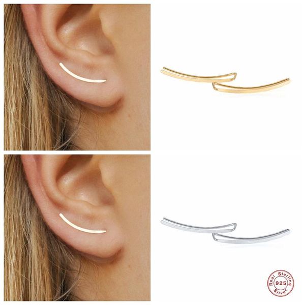 

stud gs 925 sterling silver smooth long line ear climber earrings for women minimalist crawlers studs piercing jewelry, Golden;silver