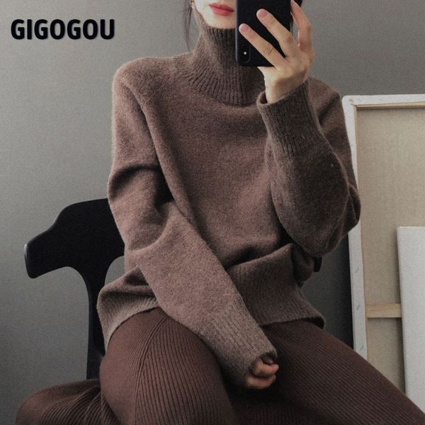 

gigogou autumn winter women turtleneck sweater oversize warm pullovers sweater long sleeve cashmere loose jumper, Black