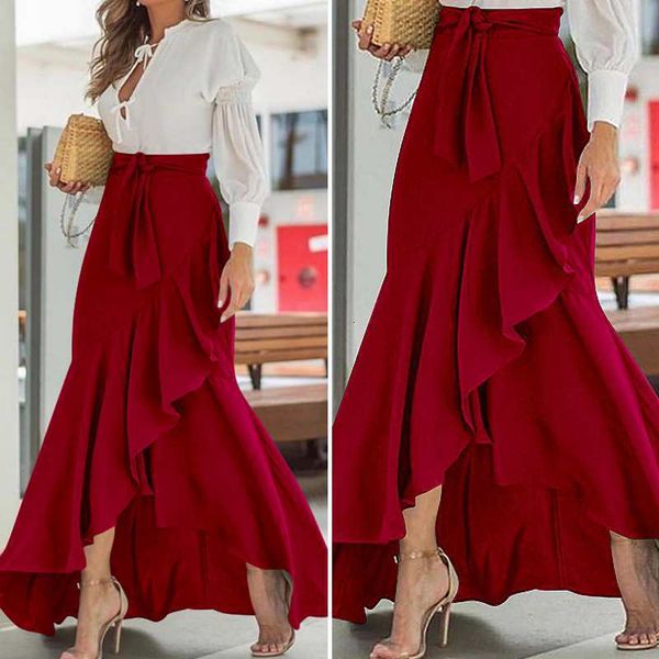 

casual dresses summer women fishtail skirts fashion party maxi skirt celmia high waist belted loose asymmetrical ruffles 5pl7, Black;gray
