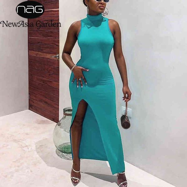

newasia blue dress turtleneck sleeveless backless split high waist long dresses autumn party hollow out club outfits 210413, Black;gray