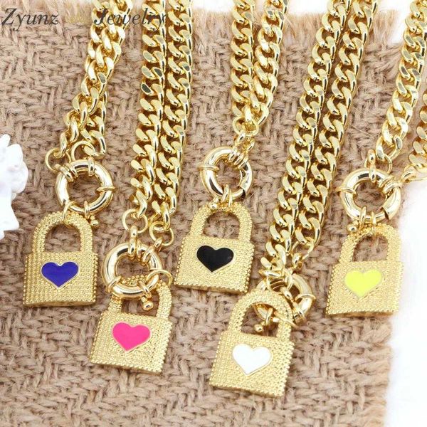 

5pcs, dainty gold-color enamel lock thick chain choker necklace for women heart padlock pendant necklace female fashion jewelry x0707, Silver