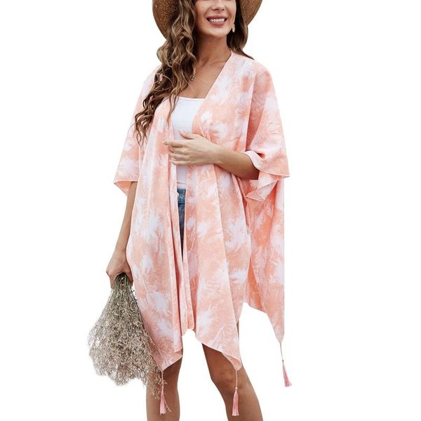 

women's swimwear tie-dye print cardigan chiffon tassels swimsuit half sleeve beach bathing suit cover ups stroje kapielowe #g1, White;black