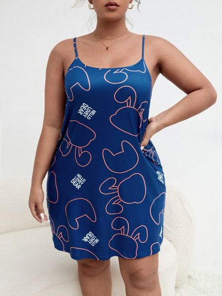 

plus cartoon & letter graphic nightdress j06p#, Black;white