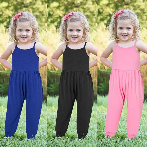

jumpsuits toddler girls baby kids romper jumpsuit summer solid color one piece sleeveless strap playsuit born 1-6 years, Blue