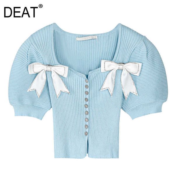 

[deat] summer fashion single-breasted puff sleeve solid color diamonding bow square collar knitting shirt 13q089 210527, White