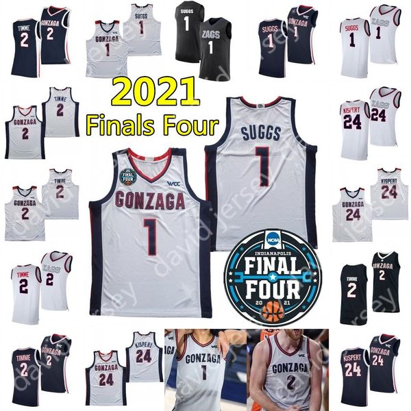 2021 Final Four 4 NCAA College Gonzaga Jerseys de basquete 1 Jalen SS 2 Drew Timme Corey Kispert Jersey Home Away Away Grey Navy Black Black Homens Jovens Juvenil