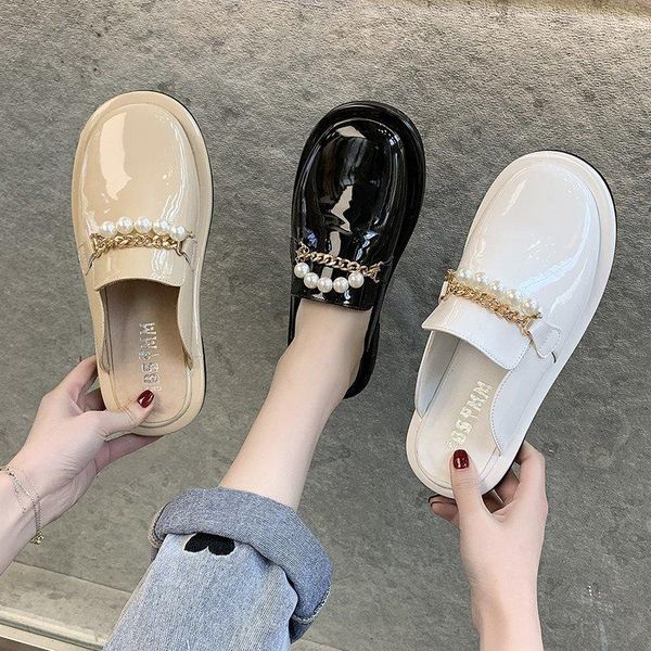 

rivet slippers casual summer women's shoes loafers low pantofle slides luxury 2021 flat rubber metal decoration round toe patent, Black