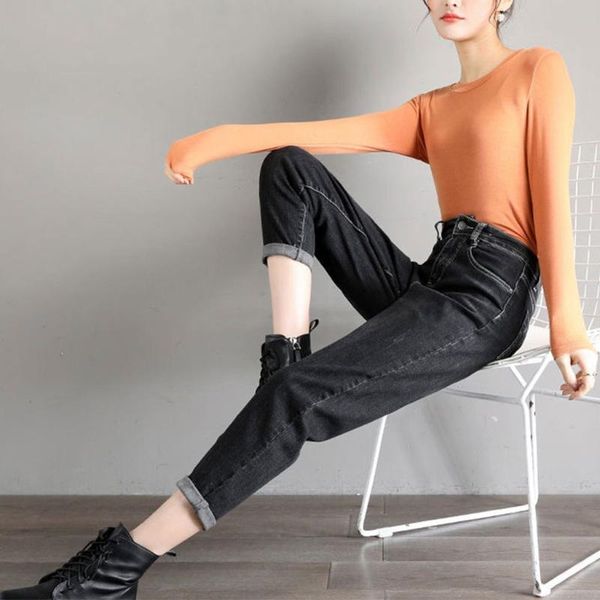 

women's pants & capris p8db women high waist casual harem jeans roll up button zipper boyfriend denim, Black;white