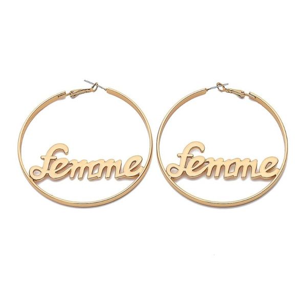 Rongho Brand Metal Letter Femme Brincos de argolas para mulheres Gold Circle Circle Hiphop Pingente de joias vintage Huggie