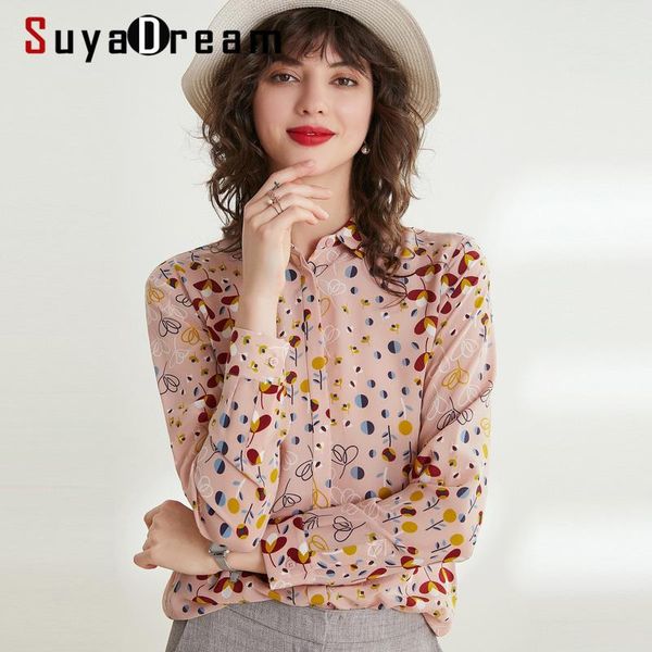 

women's blouses & shirts women silk blouse 100% real crepe printed for long sleeved shirt 2021 office lady, White
