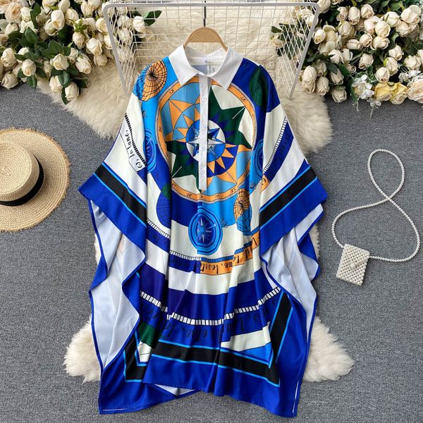 

singreiny women design retro print dress turndown-collar bat sleeve casual loose dresses summer fashion streetwear short dress 210419, Black;gray