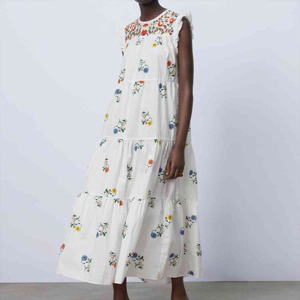 

za bohemian style floral womens dresses embroidery long party vestido o neck sleeveless mid calf length elegant beach, Black;gray