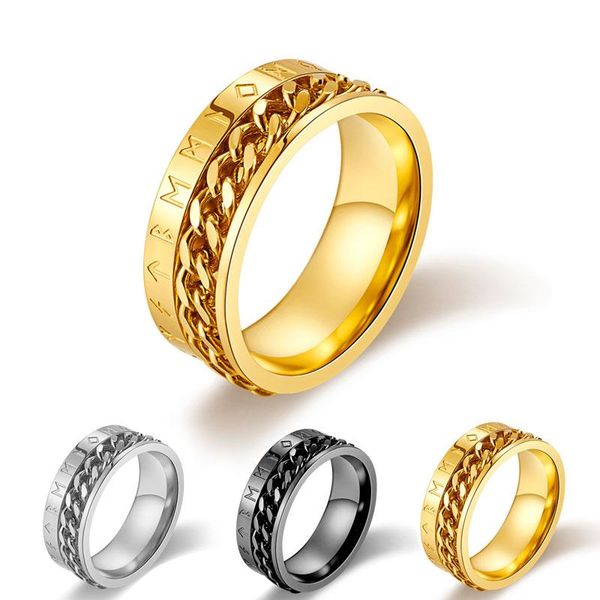 

cluster rings stainless steel 8mm spinner chain viking for men rotatable links punk male vintage norse rune jewelry black/gold color, Golden;silver