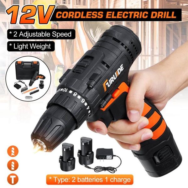 

professiona electric drills 12v 2 speed impact cordless drill driver screwdriver with bits set 3pcs lithium ion batteries multifunction powe