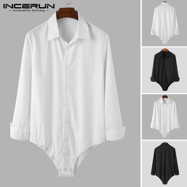 

leisure solid color rompers shirts incerun mens long sleeve lapel bodysuit chemise casual button up cozy blouse s-5xl 7 men's, White;black