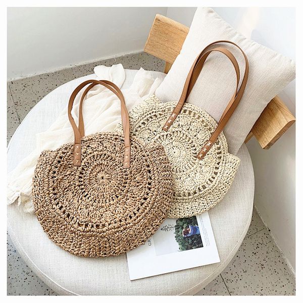 

2021 classic summer woven ladies round beach shopping bag one-shoulder straw woven messenger message handbag tote bag cinderella princess