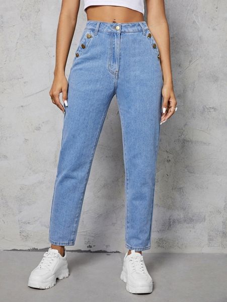 

button detail washed mom fit jeans s8tb#, Blue