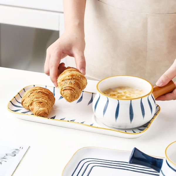 

bowls breakfast bowl with handle and plate set ceramics tableware oatmeal dessert dish bread milk fruit gift