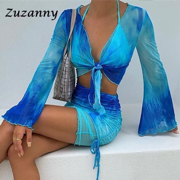 

zuzanny 2021 tie dye t shirts women gradient aesthetic clothes harajuku flare long sleeve summer beach crop women's t-shirt, White