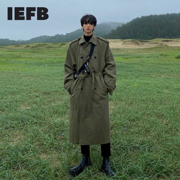 

iefb autumn men's windbreaker medium length over knee loose korean handsome trend trench coat with belt casual 9y5488 211011, Tan;black