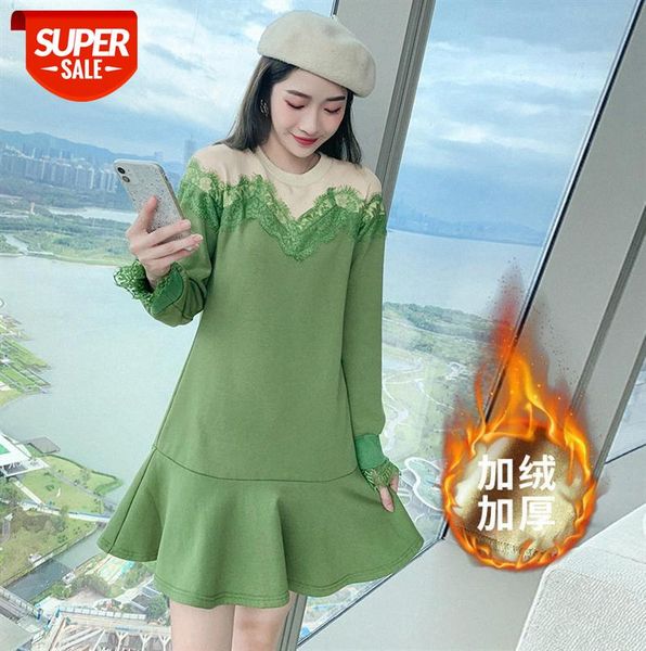 

korean style simple loose sweater skirt, lace stitching and velvet thickening long-sleeved dress women #i45g, Black;gray