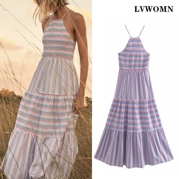 

lvwomn za stripe slip women dress 2021 summer elegant ruched sleeveless midi dress woman boho beach loose long casual dresses x0521, Black;gray