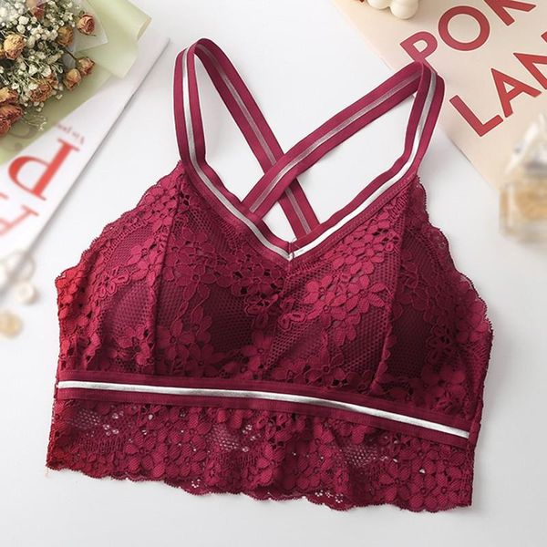 

bras cross strap beauty back lace bralette wrap chest padded brassiere female soft breathable underwear, Red;black