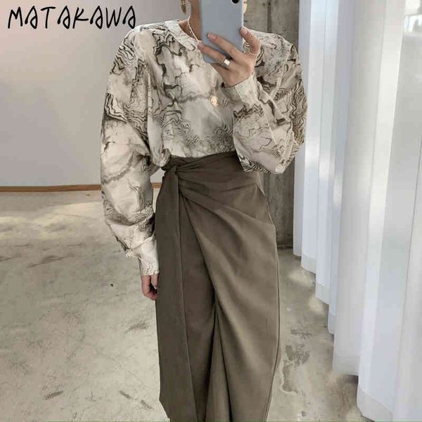 

matakawa ink print puff sleeve shirt korean chic vintage blusas mujer de moda o-neck women shirts blouses 210513, White