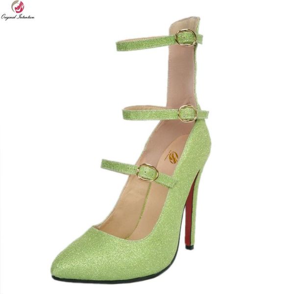 

original intention arrival women pumps 2021 stylish pointed toe thin heels fahsion green shoes woman plus us size 4-15 dress, Black