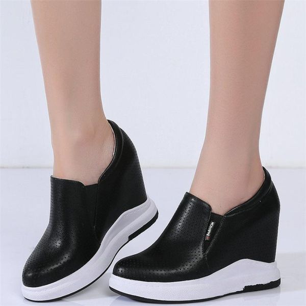 

breathable trainers women cow leather wedges high heel pumps shoes female round toe fashion sneakers summer platform dress, Black