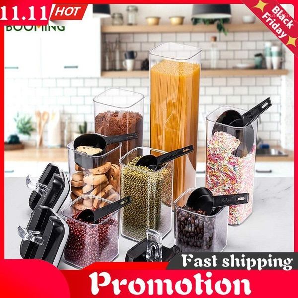 

7pcs/set plastic sealed kitchen storage box 3 colors canister leakproof and one-hand operation design bottles & jars