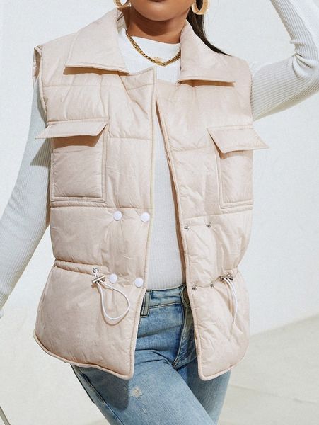 

flap pocket drawstring puffer gilet v6od#, Black
